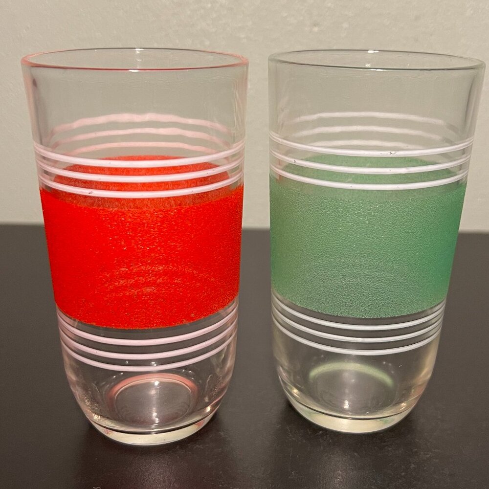 Vtg Hazel Atlas MCM Red Green Stripe Juice Glasses Set of 2 Frosted 8oz Tumbler